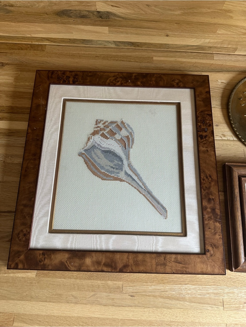 Framed Seashell Cross-Stitch Art in Brown and Cream